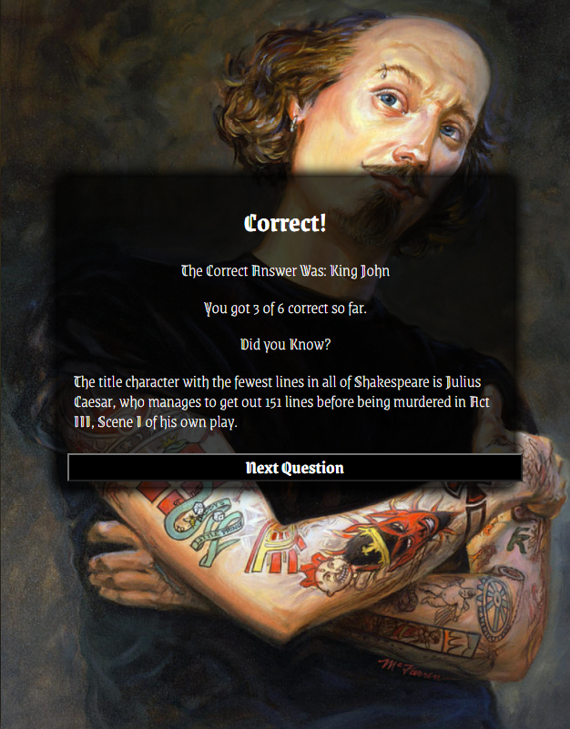 screenshot of shakespeare quiz